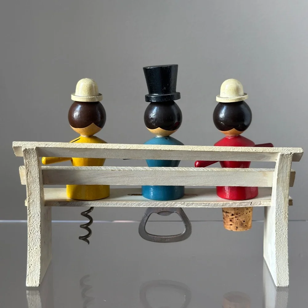 Vintage Wooden Bar Set, Cork, Cork Screw, Bottle Opener, Hand Painted, 1950’s